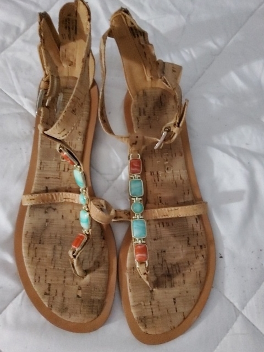 Tan Cork-Style Gladiator Sandals with Turquoise & Coral Accents